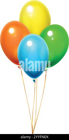 Quattro palloncini colorati, arancione, giallo, verde e blu, che fluttuano con nastri dorati su sfondo bianco, creando un'atmosfera festosa e allegra Illustrazione Vettoriale