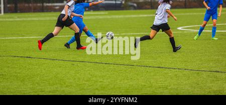 Primo piano sulle gambe delle giocatrici di calcio femminili. Pallone da calcio di un giovane giocatore di calcio. Le giocatrici di calcio femminili eseguono un gioco d'azione su una socc professionale Foto Stock