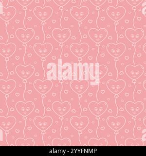 Palloncini a forma di cuore sulla corda e sui cuori delineano un motivo senza cuciture su un elegante sfondo rosa tenue. Illustrazione vettoriale isolata carta da parati o banner promozionale Web, pubblicazione, blog, sfondo tag Illustrazione Vettoriale