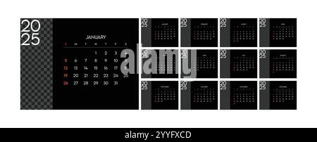 Calendario mensile aziendale inizio 2025 settimana domenica vettore modello di design aziendale, calendario da parete nero in stile minimalista Illustrazione Vettoriale