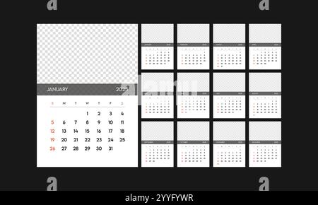 Calendario mensile aziendale inizio settimana 2025 vettoriale del modello di design aziendale domenica, calendario da parete in stile minimalista Illustrazione Vettoriale