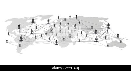 Progettazione concettuale di reti in bianco e nero, connessioni aziendali o social media con mappa del mondo e mesh poligonale su sfondo bianco isolato - Bu grigio Illustrazione Vettoriale