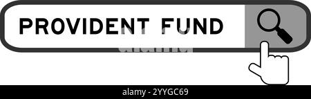 Banner di ricerca in Word provident fund con icona della lente di ingrandimento a mano su sfondo bianco Illustrazione Vettoriale