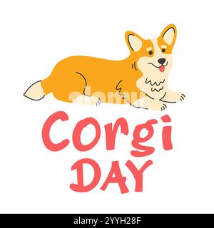 Bandiera del giorno Corgi. Carino cane cartoni animati vettoriali che sorride Illustrazione Vettoriale