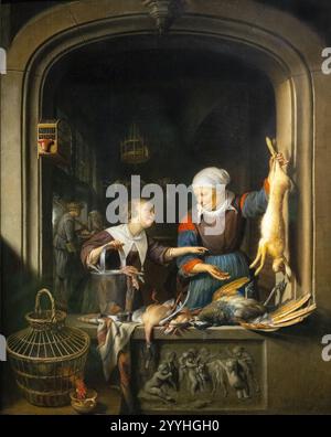 Gerrit Dou; A Poulterers Shop, c 1670; Gerrit Dou pittura dello stile di vita olandese del XVII secolo; pittore olandese del secolo d'oro degli anni '1600 Foto Stock