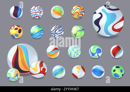 Palle di biglie. Sfere trasparenti lucide con motivi unici all'interno, giocattoli colorati in vetro lucido, diversi ornamenti astratti in cristallo arcobaleno, gioco per bambini Illustrazione Vettoriale