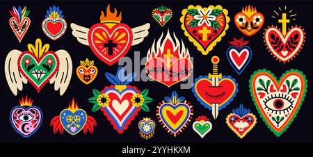 Cartoni animati cuori sacri messicani. Simboli mistici tradizionali, fascino d'amore, segni commemorativi spirituali, coloratissimo scull e fiori, modellato isolato dicembre Illustrazione Vettoriale
