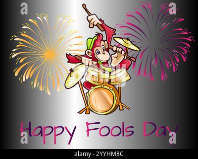 Monkey sta suonando la batteria e lo sfondo ha i fuochi d'artificio. L'immagine è per l'Happy Fools Day. Giocosa April Fools Day Humour Happiness Joy Bizarre Event Illustrazione Vettoriale