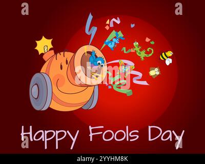 Cartone animato di un cannone con vari animali al suo interno, come uccelli, farfalle e un'ape. Giocosa April Fools Day Humour Happiness Joy Bizarre Event Illustrazione Vettoriale