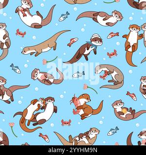 Graziose lontre di mare con motivo senza cuciture. Ripetuti mammiferi acquatici selvatici, divertenti animali di fiume nuotano, immersioni, pesci, adorabile famiglia. Tessuti per arredamento, involucri, carta da parati Illustrazione Vettoriale