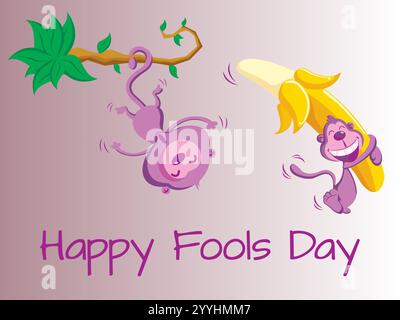 Cartone animato di due scimmie che tengono una banana e sorridono. La didascalia è Happy Fools Day. L'immagine è spensierata e divertente. Divertente umorismo del giorno dell'April Fools Illustrazione Vettoriale