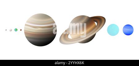 Proporzioni realistiche delle dimensioni del pianeta o illustrazione 3D di confronto dei pianeti del sistema solare Illustrazione Vettoriale