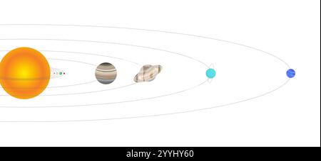 Illustrazione visiva della distanza dei pianeti dal Sole isolato su sfondo bianco. Pianeti del sistema solare che ruotano intorno al Sole. Illustrazione Vettoriale