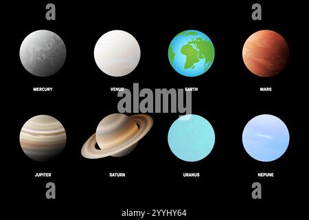 3D Realistic Collection of Every Planet in the Solar System. Set di illustrazioni con nome dei pianeti. Illustrazione Vettoriale