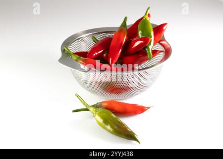 Una varietà di peperoncini rossi e verdi riposa in un colorante metallico, mostrando i loro colori e le loro consistenze ricche su un bianco sotterraneo, sottolineando il loro Foto Stock