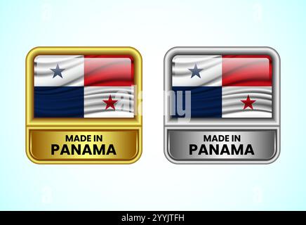 Icona dell'etichetta Made in Panama nei colori oro e argento. Icona flag impostata per l'azienda Illustrazione Vettoriale