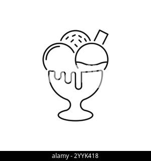 Recipiente per gelato con icona a linea sottile. Gelato a servizio morbido, cucchiaio, contorno del menu estivo isolato. Concetto di cibo e dessert. Illustrazione Vettoriale