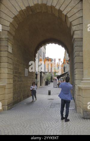 Arco della torre dell'orologio, Tour de l'Horloge, fotografare le persone, storico cancello della città, torre della città, vista, Place des Martyrs, Salon-de-Provence, Bouch Foto Stock