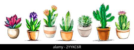 Serie di illustrazione vettoriale delle piante in vaso succulente Illustrazione Vettoriale