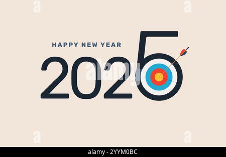 2025 felice anno nuovo. Numeri con destinazione e freccia. Concetto di creare un piano e raggiungere l'obiettivo nel nuovo anno. Illustrazione vettoriale. Illustrazione Vettoriale