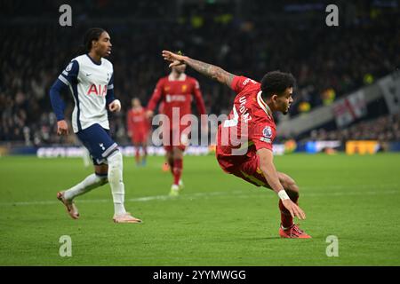 Londra, Regno Unito. 22 dicembre 2024. IL GOL Luis Diaz del Liverpool segna il suo sesto gol sid durante la partita spurs vs Liverpool, Premier League allo stadio Tottenham Hotspur di Londra. Questa immagine è SOLO per USO EDITORIALE. Licenza richiesta da Football DataCo per qualsiasi altro utilizzo. Crediti: MARTIN DALTON/Alamy Live News Foto Stock