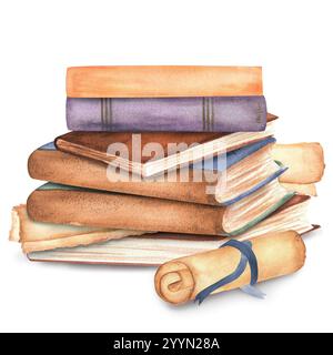 Un mucchio di libri con pergamene. Clipart elementi sull'argomento della lettura. Biblioteca, libreria, libreria, università, illustrazioni ad acquerello disegnate a mano. Foto Stock
