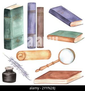 Una serie di illustrazioni sull'argomento della lettura. Libri, rotolo, pozzetto d'inchiostro, penna a penna, lente d'ingrandimento. Libreria, studio, clipart libreria. Vintage Hand- Foto Stock