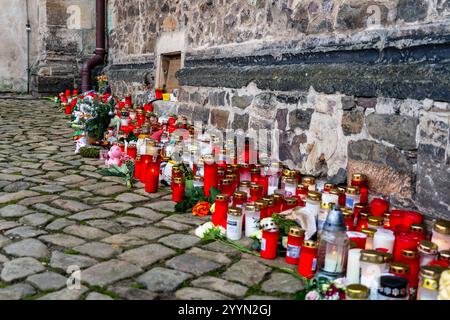 Magdeburgo Germania 22 dicembre 2024: Dopo l'attacco al mercato di Natale, la gente piange e dedica fiori, candele e giocattoli coccolati. Foto Stock