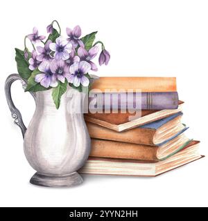 Una pila di libri e brocca d'argento con bouquet di violette. Clipart elementi sull'argomento della lettura. Biblioteca, libreria, libreria, scuola, università, ha Foto Stock