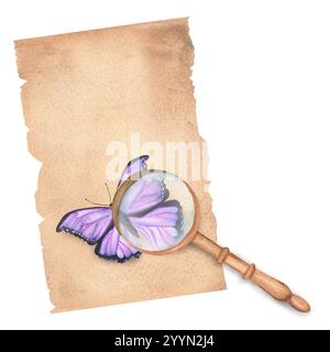 Lente d'ingrandimento vintage con manico in legno sulla parte superiore del foglio di carta con farfalla viola. Clipart entomologico. Illustrazione ad acquerello disegnata a mano. Foto Stock