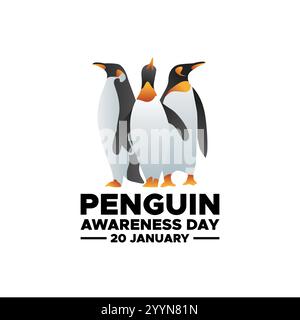 Buon giorno della consapevolezza dei pinguini il 20 gennaio, banner del giorno della consapevolezza dei pinguini. Scrittura a mano testo del Penguin Awareness Day e simpatico pinguino con Hear Illustrazione Vettoriale