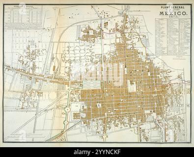 Plano General de la ciudad de Mexico, 1875. Mappa stradale vintage di città del Messico. Foto Stock