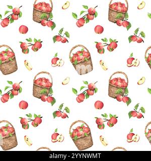 Motivo senza cuciture con mele rosse, cesti di mele, mele tagliate a metà, fette e rami. Illustrazione ad acquerello disegnata a mano. Sfondo, sfondo, tex Foto Stock