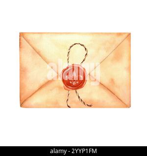 Una busta vintage stretta con sigillo di cera e un cordoncino. Busta postale per lettere. Busta in carta retrò. Carta artigianale. Clipart monocromatico. Disegnato a mano con Foto Stock