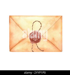 Una busta vintage stretta con sigillo di cera e un cordoncino. Busta postale per lettere. Busta in carta retrò. Carta artigianale. Clipart monocromatico. Disegnato a mano con Foto Stock