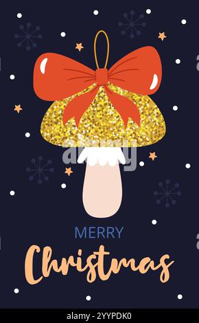 Buon biglietto di Natale. Funghi lucenti con fiocco e decorazioni sull'albero di Natale. Decorazioni retrò con piccoli funghi rossi, nastro per il design delle carte, invita Illustrazione Vettoriale