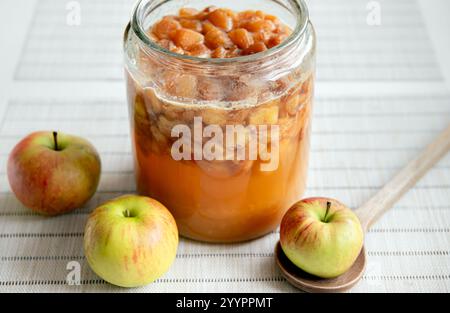 Preparare l'aceto di sidro di mele a casa, fermentare le mele tritate in un vaso di vetro, vaso coperto con un asciugamano di lino scuro. Lavori in corso. Foto Stock