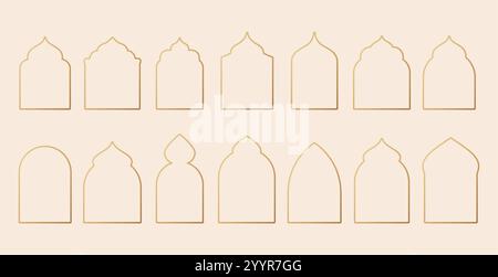 Collezione di finestre islamiche lineari, porte della moschea, cornici e archi. Elementi minimali in stile arabo orientale dorato per Ramadan Kareem ed Eid Illustrazione Vettoriale