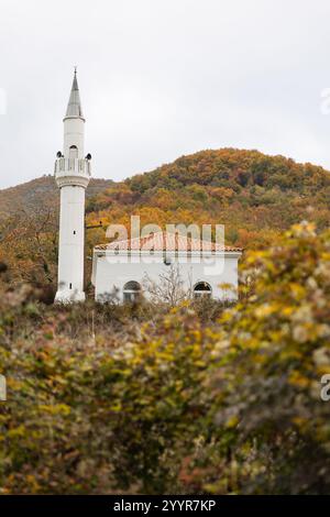 Bagno termale nei villaggi greci di Thermes vicino a Xanthi, splendido paesaggio e architettura minareto, cultura e religione musulmana, sorgenti termali calde. Foto Stock