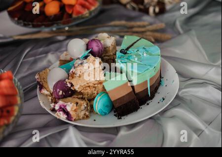 Piatto di dessert colorato con torte assortite e macaron. Foto Stock