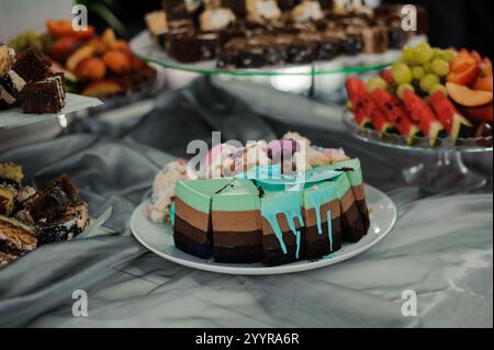 Esposizione di dessert colorati con torta a strati e dolci assortiti. Foto Stock