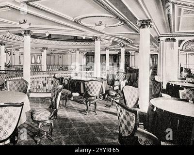 Salone da pranzo del RMS Lusitania (livello superiore). Foto Stock