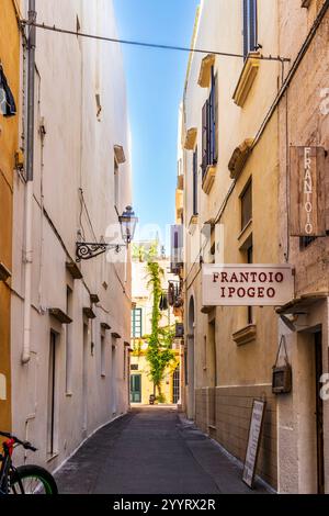 Vista di un vicolo nel centro storico con ingresso a un frantoio sotterraneo, a Gallipoli, provincia di Lecce, Salento, Puglia, Italia Foto Stock