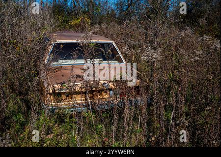 Una classica auto americana abbandonata nel cortile della spazzatura. Foto Stock
