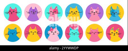 Avatar della testa di gatti divertente set. Collezione di ritratti di diversi gattini Happy cute. Avatar di animali domestici con illustrazioni vettoriali per la grafica maschile o femminile del profilo dei social media Illustrazione Vettoriale