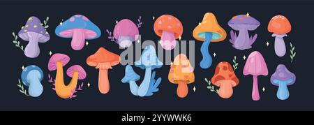 Set di funghi fantasia. Funghi magici delle fate con piante verdi, ramoscelli e stelle nella foresta mistica. Elementi di design per il gioco o la stampa. Vettore cartoni animati Illustrazione Vettoriale
