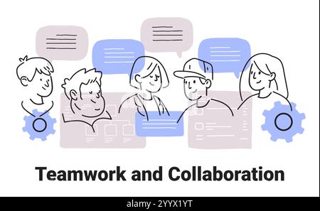 Lavoro di squadra e concetto di collaborazione con diversi gruppi che discutono idee bolle di discorso ingranaggi in stile minimalista disegnato a mano Illustrazione Vettoriale