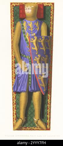William Longespee, conte di Salisbury, figlio di re Enrico II, nobile anglo-normanno che combatté nella battaglia di Damme, c.1167-1226. Con casco, hauberk di chainmail, tunica e scudo, sei leoni azzurri rampanti o. Dalla sua effigie funeraria nella Cattedrale di Salisbury. Incisione a blocchi di legno a mano di Henry Shaw dai suoi abiti e decorazioni del Medioevo dal VII al XVII secolo, William Pickering, Londra, 1843. Foto Stock