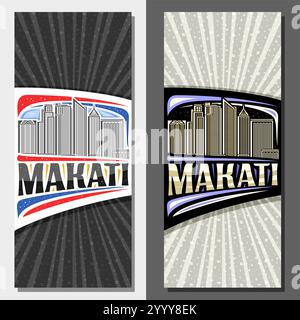 Layout verticali vettoriali per Makati, biglietto decorativo con illustrazione in linea del paesaggio asiatico della città di makati sullo sfondo del cielo diurno e notturno, design artistico Illustrazione Vettoriale