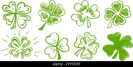 Lucky Four, tre trifoglio, icona a forma di foglia di shamrock, set di illustrazioni vettoriali disegnate a mano. Illustrazione Vettoriale